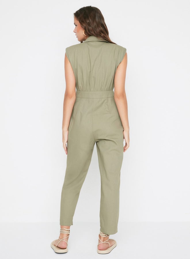 trendyol Khaki Shirt Collar Sleeveless Gabardine Woven Jumpsuit - Image 4