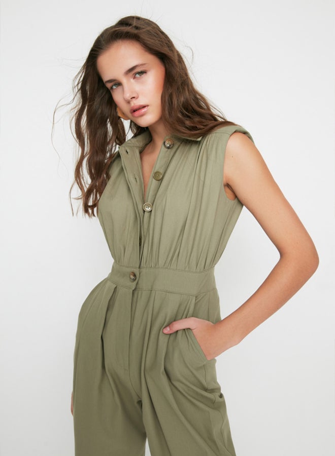trendyol Khaki Shirt Collar Sleeveless Gabardine Woven Jumpsuit - Image 2