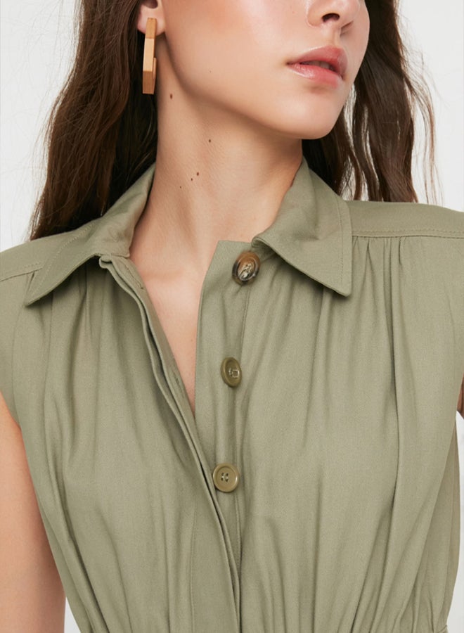 trendyol Khaki Shirt Collar Sleeveless Gabardine Woven Jumpsuit - Image 3