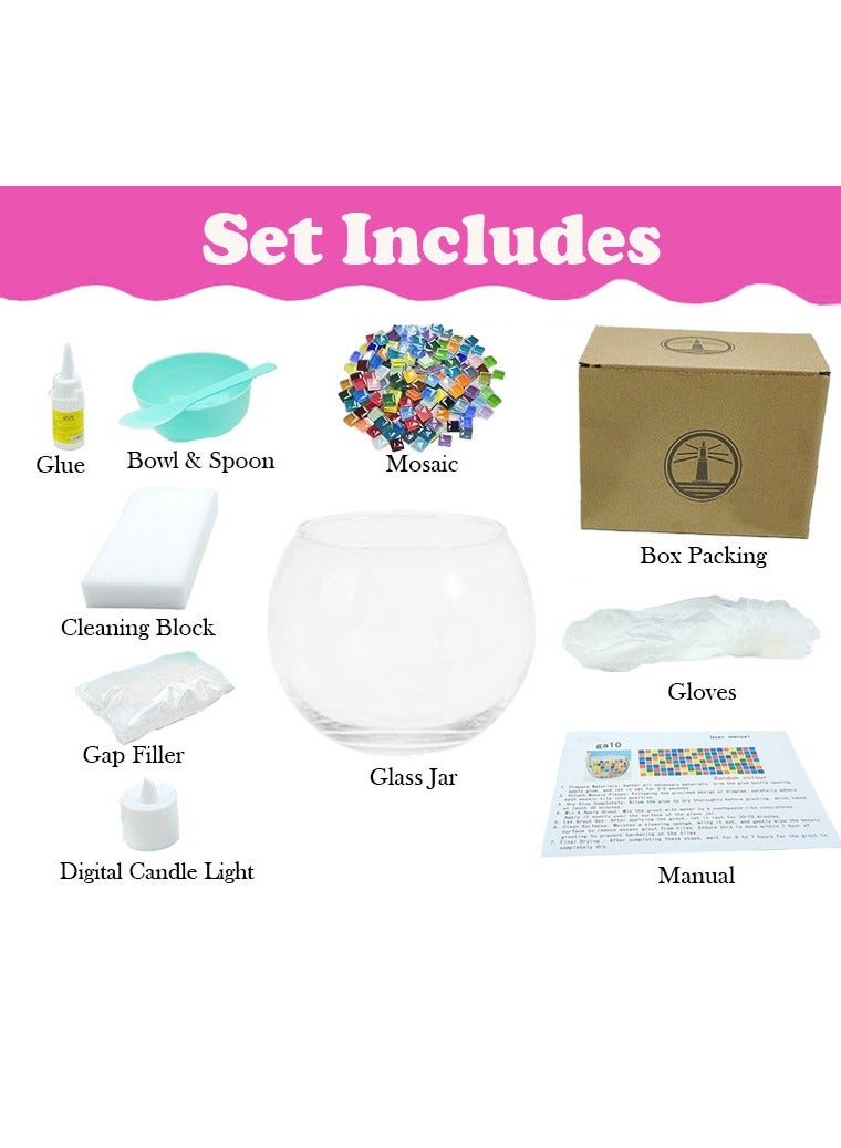 Home Smart Home Smart Mosaic Candle Holder Kit for Kids Mosaic Candle Holder set with a glass jar, Mosaic color cubes, digital candle light, glue, gap filler, bowl, spoon, disposable gloves, cleaning block, and manual Gift for your loved ones  - Image 2