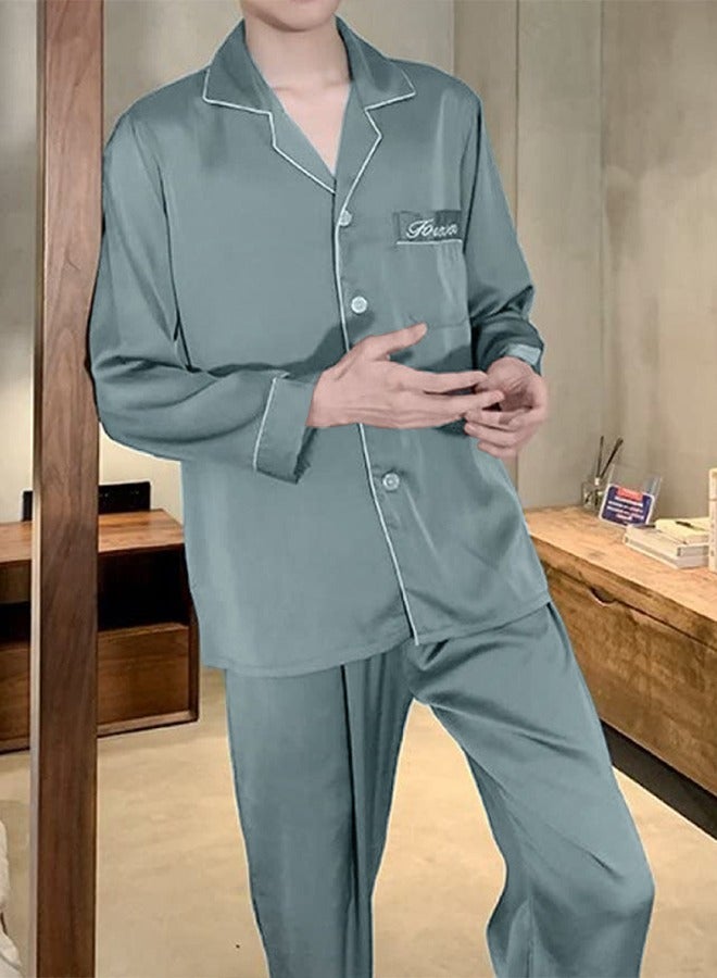 MARGOUN Summer Ice Silk Large Men Pajamas Lace Trim Robe Set Home Service Suit Casual Sleepwear Nightwear Cactus Green