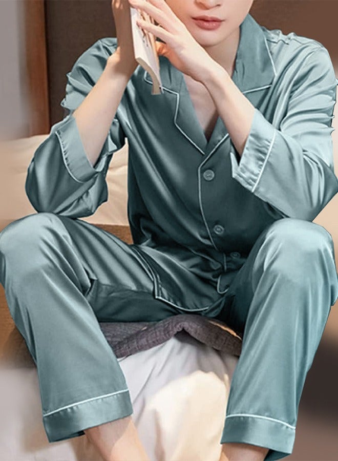 MARGOUN Summer Ice Silk Large Men Pajamas Lace Trim Robe Set Home Service Suit Casual Sleepwear Nightwear Cactus Green - Image 3