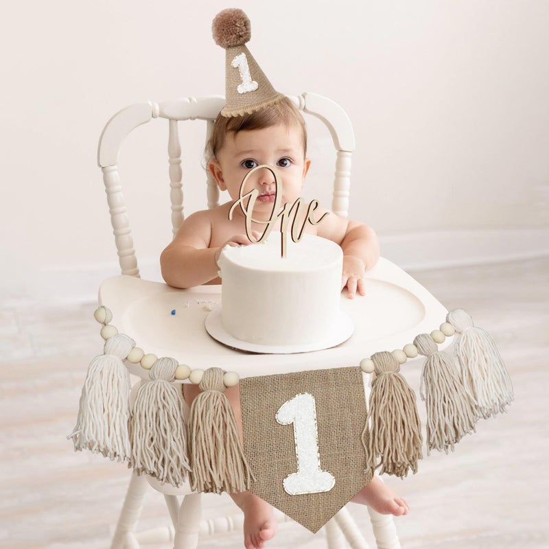 DCJHFJ 1st Birthday Decorations Boys High Chair Banner With One Cake Topper Brown Conical Hat For First Party - Image 3