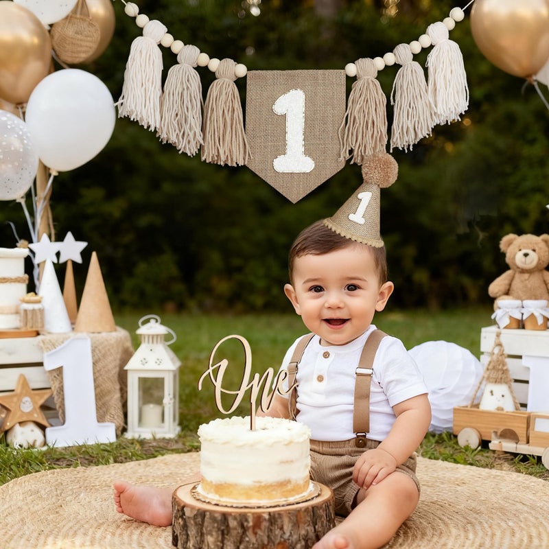 DCJHFJ 1st Birthday Decorations Boys High Chair Banner With One Cake Topper Brown Conical Hat For First Party - Image 4