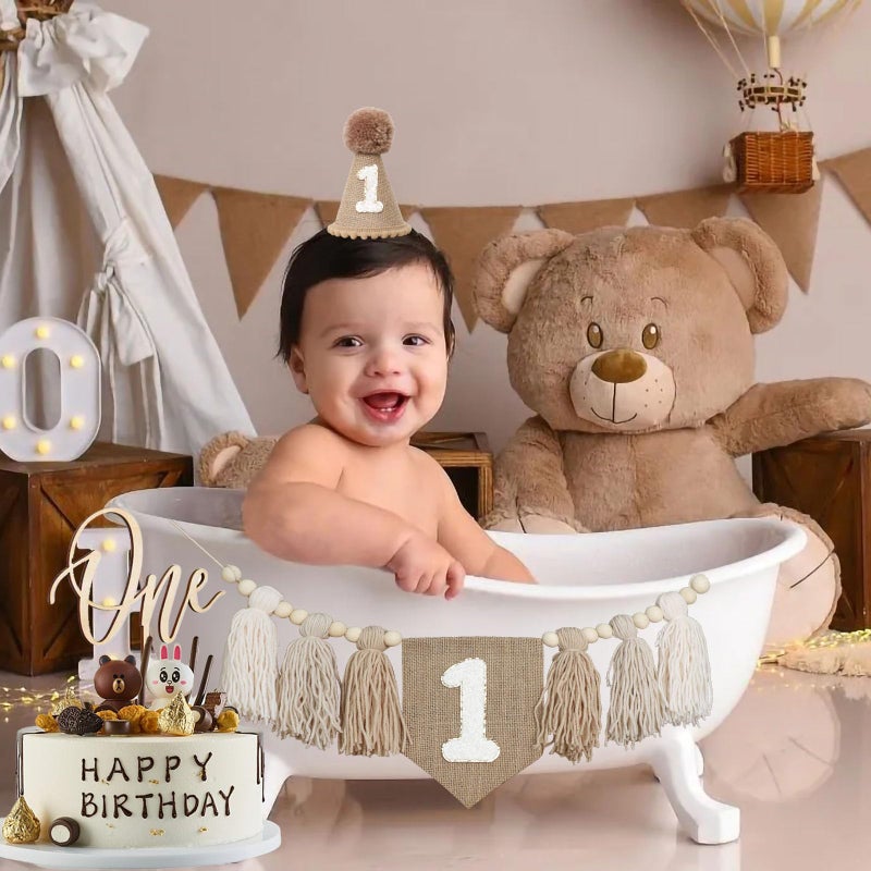 DCJHFJ 1st Birthday Decorations Boys High Chair Banner With One Cake Topper Brown Conical Hat For First Party - Image 5
