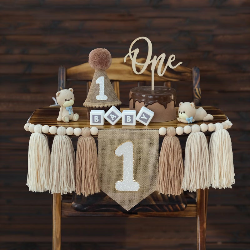 DCJHFJ 1st Birthday Decorations Boys High Chair Banner With One Cake Topper Brown Conical Hat For First Party - Image 1