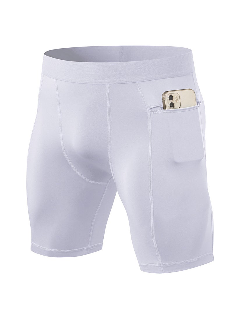 Generic Men Tight Fitness Shorts Zipper Pocket PRO Stretch Sweat Quick Dry Running Training Sports Pants 11407 White 