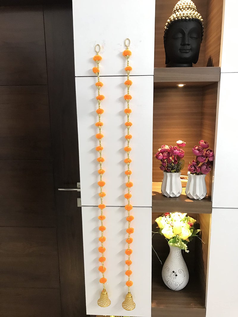 Aahum Handmade Wall Door Orange Color Pom Pom String With Golden Beads,Triangle Flowers Hanging Torans Garland Bandhwar Decoration Item for Home Décor Diwali Festival,Navratri,Wedding (4 FT 2 Strings) - Image 1