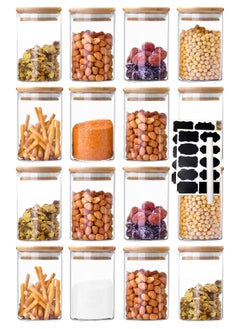 KUAIJI 16-Pack 300 ML(10.56 oz)Glass Jars With Wooden Lids, Spice  Glass Airtight Canisters Sets, Glass Food Storage Container, Pantry Organization and Storage Jars,Suitable For Tea, Candy, Spices