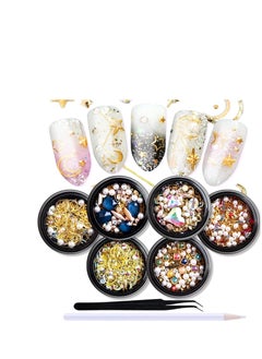 Excefore 3D Nail Charms, Gold Nail Studs Nail Art Rhinestone Nail Jewels Gem Pearls Nail Decoration Kit With 1Pcs Tweezers, Picker Pencil 6 Boxes for Nail Art Designs Supplies DIY Crafting  - Image 1