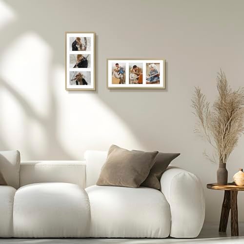 Frametory - 7x14 Aluminum Collage Picture Frame - Display 4x6 Pictures with 3 Openings Mat - Real Glass Front - Horizontal/Vertical Wall Mount - Gold 1 Pack - Image 2