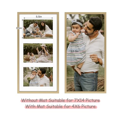 Frametory - 7x14 Aluminum Collage Picture Frame - Display 4x6 Pictures with 3 Openings Mat - Real Glass Front - Horizontal/Vertical Wall Mount - Gold 1 Pack - Image 3
