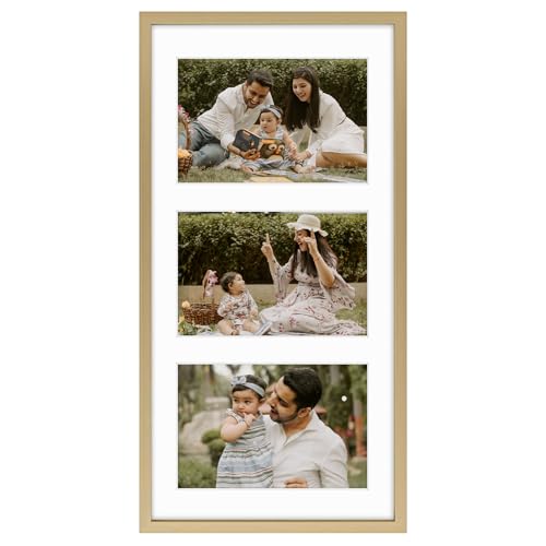 Frametory - 7x14 Aluminum Collage Picture Frame - Display 4x6 Pictures with 3 Openings Mat - Real Glass Front - Horizontal/Vertical Wall Mount - Gold 1 Pack - Image 1