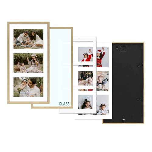 Frametory - 7x14 Aluminum Collage Picture Frame - Display 4x6 Pictures with 3 Openings Mat - Real Glass Front - Horizontal/Vertical Wall Mount - Gold 1 Pack - Image 4