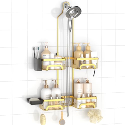 REINHARDT Shower Caddy Hanging for Handheld Showerheads Adjustable Split Shower Caddy, Rustproof Shower Organizer with Hooks for Razors Over the Head Caddy with Soap Holder Bathroom Accessories, Gold - Image 1