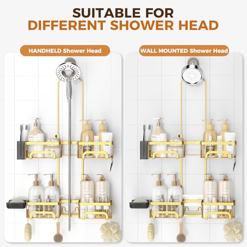 REINHARDT Shower Caddy Hanging for Handheld Showerheads Adjustable Split Shower Caddy, Rustproof Shower Organizer with Hooks for Razors Over the Head Caddy with Soap Holder Bathroom Accessories, Gold - Image 3