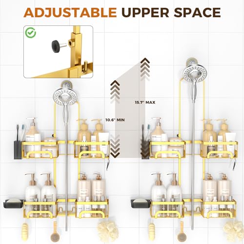 REINHARDT Shower Caddy Hanging for Handheld Showerheads Adjustable Split Shower Caddy, Rustproof Shower Organizer with Hooks for Razors Over the Head Caddy with Soap Holder Bathroom Accessories, Gold - Image 2