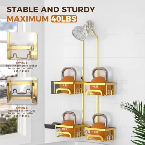 REINHARDT Shower Caddy Hanging for Handheld Showerheads Adjustable Split Shower Caddy, Rustproof Shower Organizer with Hooks for Razors Over the Head Caddy with Soap Holder Bathroom Accessories, Gold - Image 4