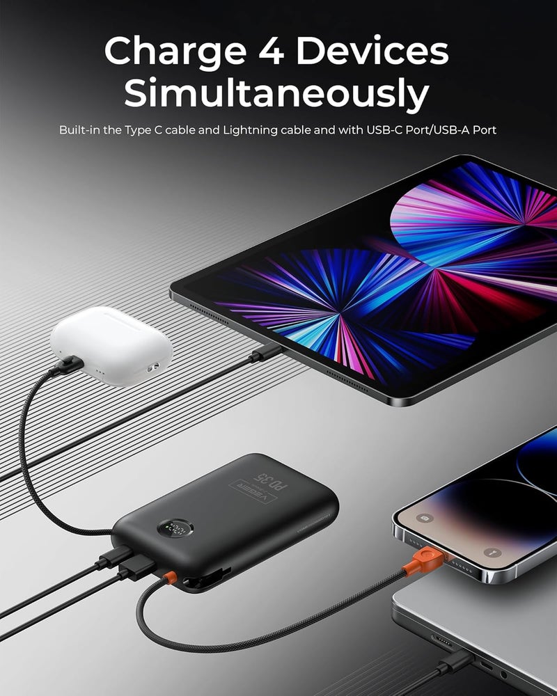 VEGER Power Bank 20000mAh, 35W PD Portable Charger with Built-In Cables, LED Display, 4 Ports Fast Charging Battery Pack for iPhone Series, Samsung Galaxy, iPad, and More - Image 5