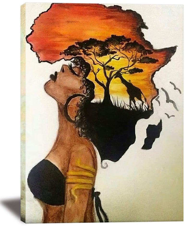 AKOTAC Framed African American Wall Art Homesick African Woman Posters Canvas Painting Black Girl Abstract African Sunset Landscape Wall Decor Picture Prints Art for Living Room Bedroom Home Decoration - Image 1