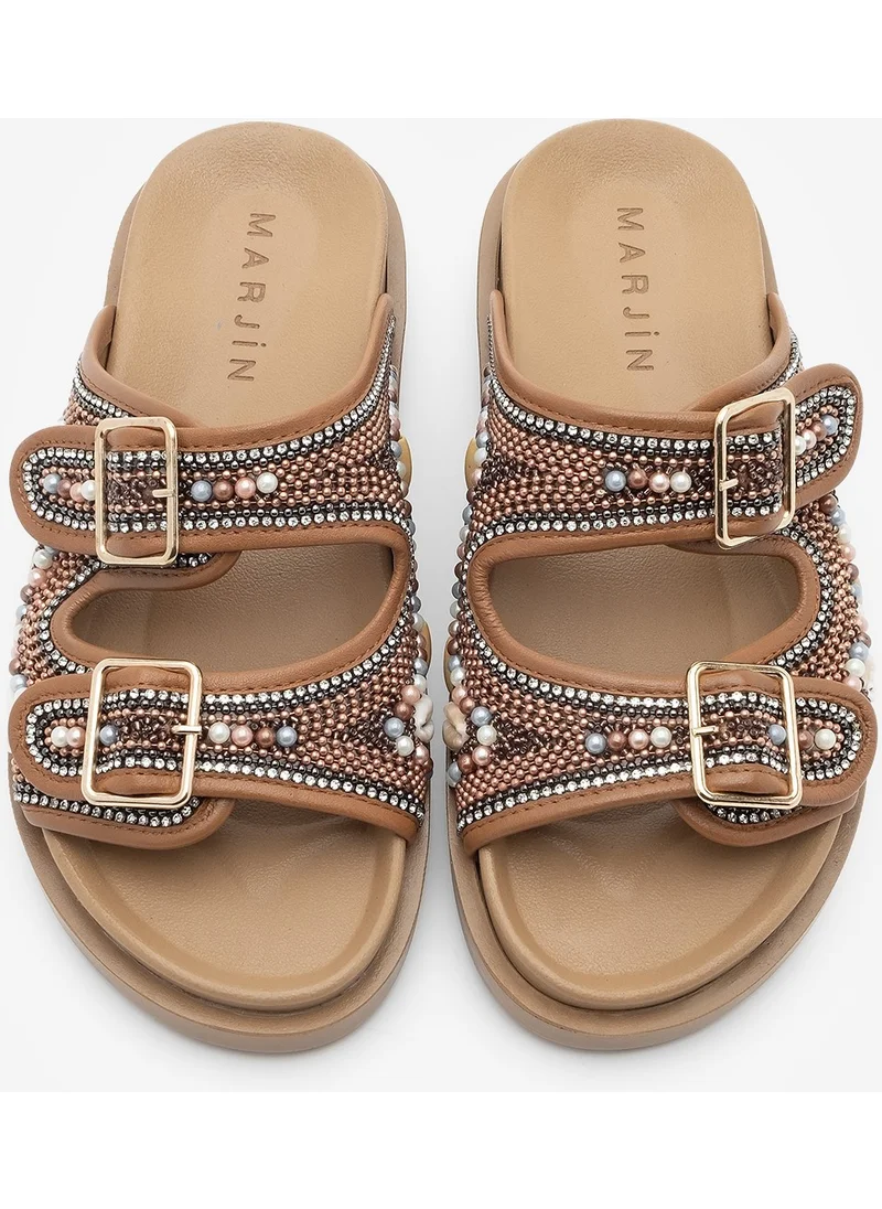 MARJIN Women's Leather Double-Strap Beaded Stone Casual Slippers Ritola
