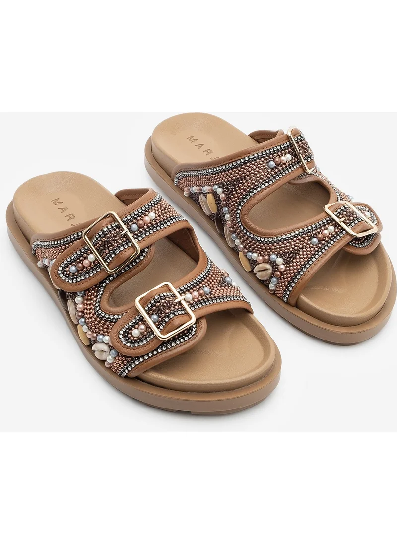 MARJIN Women's Leather Double-Strap Beaded Stone Casual Slippers Ritola