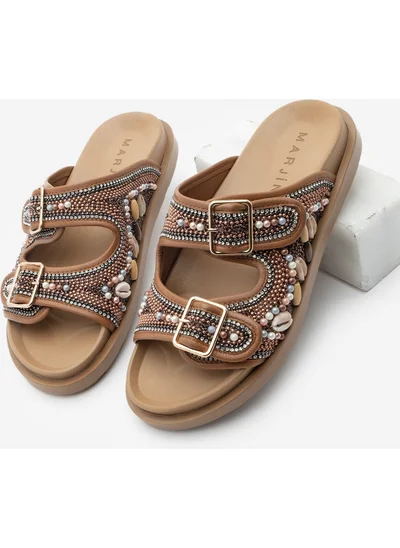 MARJIN Women's Leather Double-Strap Beaded Stone Casual Slippers Ritola