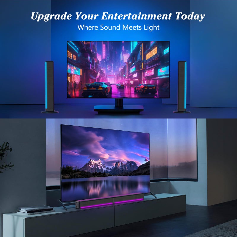 GEOYEAO شريط صوت التلفاز، شريط صوت مع أضواء LED RGB ونظام مكبر صوت محيطي 2.1CH بلوتوث، صوت محيطي 180W، مكبر صوت مسرح منزلي AUX/بصري/HDMI ARC، 2 في 1 قابل للفصل للتلفاز الذكي/جهاز العرض/الألعاب/الكمبيوتر - Image 2
