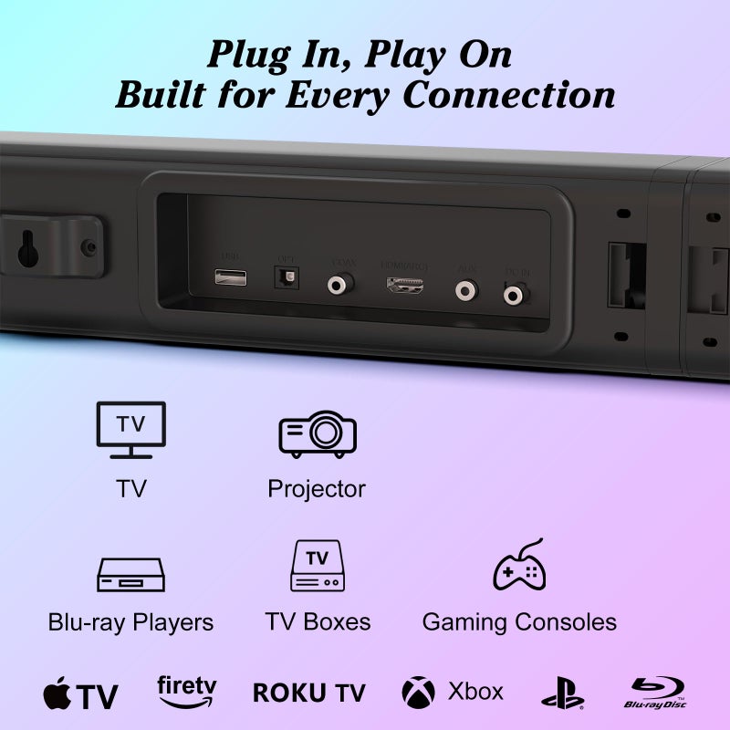 GEOYEAO شريط صوت التلفاز، شريط صوت مع أضواء LED RGB ونظام مكبر صوت محيطي 2.1CH بلوتوث، صوت محيطي 180W، مكبر صوت مسرح منزلي AUX/بصري/HDMI ARC، 2 في 1 قابل للفصل للتلفاز الذكي/جهاز العرض/الألعاب/الكمبيوتر - Image 5