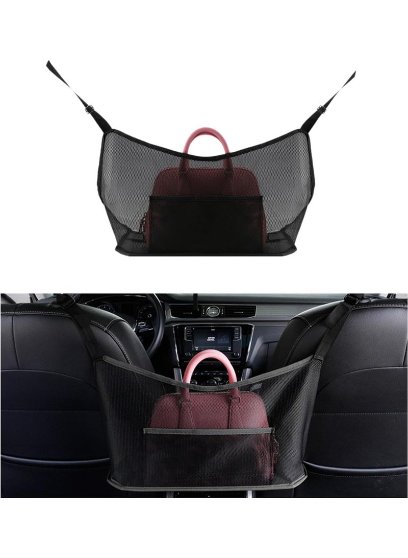 سونسر حامل حقيبة يد Car Net Pocket، حقيبة شبكية منظمة بين مقعدين، حقيبة شبكية لتخزين حقيبة اليد، حاجز للحيوانات الأليفة والأطفال في المقعد الخلفي، إكسسوارات سيارات للنساء والرجال (أسود) - Image 1