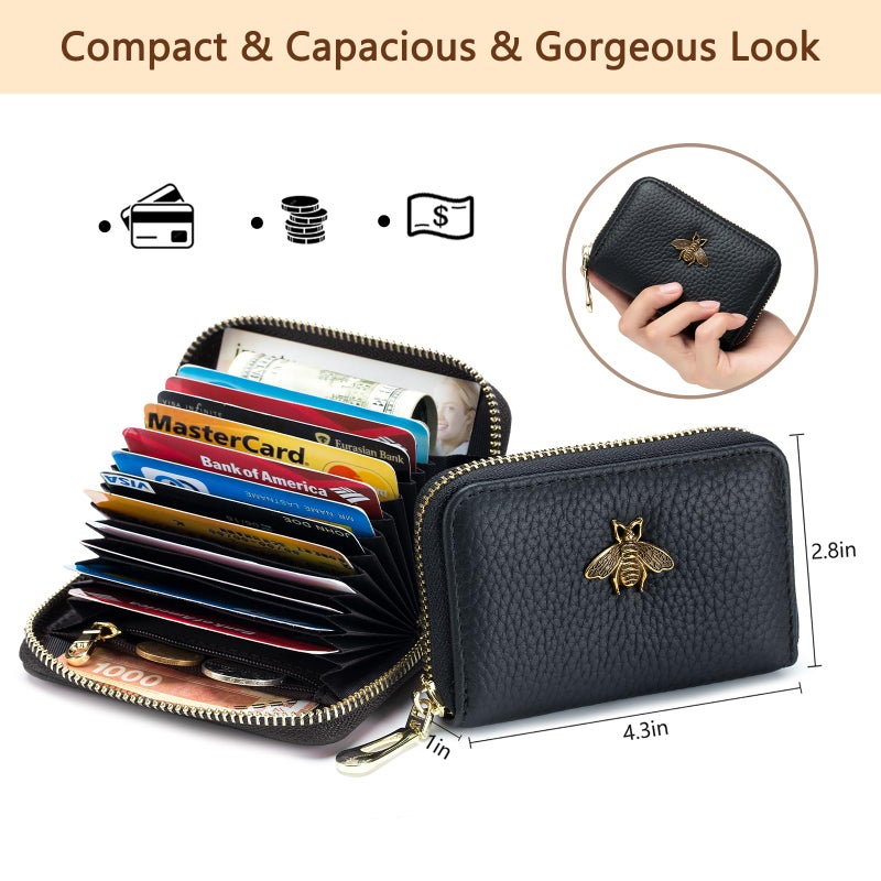 imeetu RFID Credit Card Holder, Small Leather Zipper Card Case Wallet for Women (Lite,Black) - Image 2