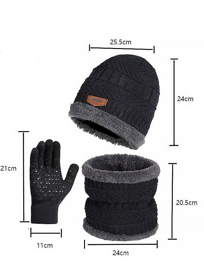 طقم شتوي مكون من 3 قطع: قبعة محبوكة، ووشاح، وقفازات للرجال والنساء، قبعة تزلج مبطنة بالفرو السميك، ووشاح دافئ للرقبة، وقفازات تعمل باللمس. - Image 2