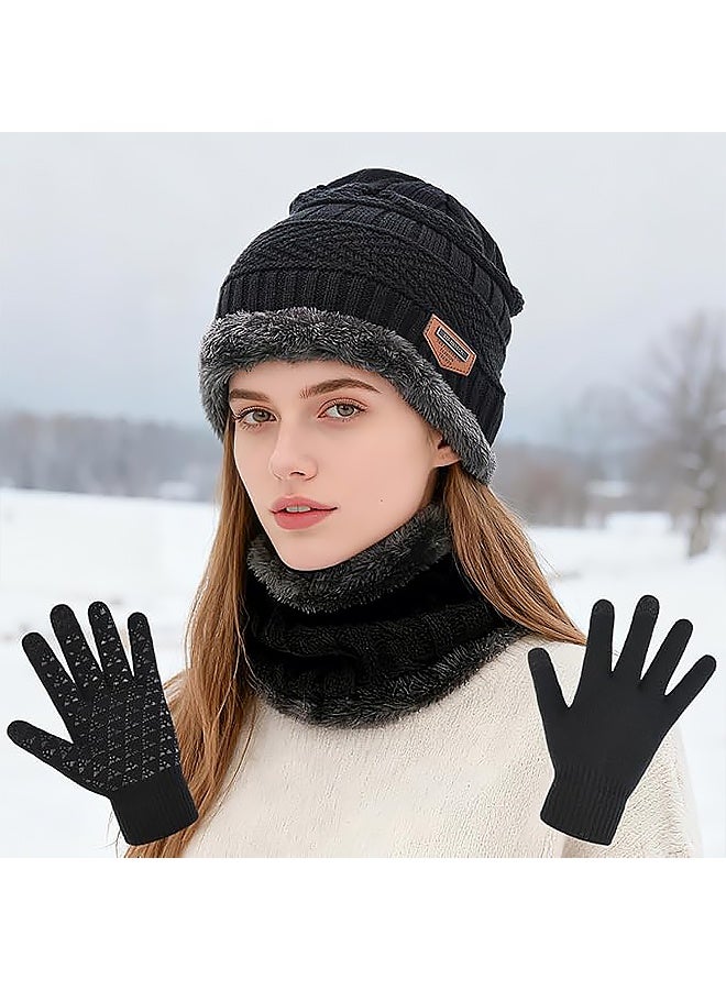 طقم شتوي مكون من 3 قطع: قبعة محبوكة، ووشاح، وقفازات للرجال والنساء، قبعة تزلج مبطنة بالفرو السميك، ووشاح دافئ للرقبة، وقفازات تعمل باللمس. - Image 5