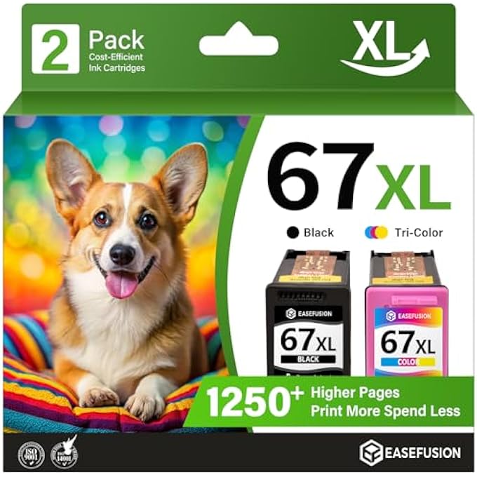 67XL INK CARTRIDGES BLACK/COLOR COMBO PACK REPLACEMENT FOR HP INK 67 FOR 67XL HP PRINTER INK COMPATIBLE WITH DESKJET 2855E 2755E 2700 4255E 4155E 4100 ENVY 6000 6055E 6455E PRINTER - Image 1