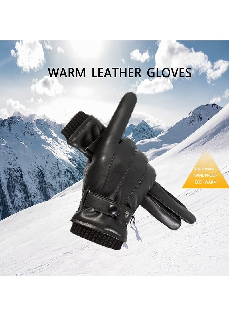 Excefore Men's Winter Warm Touchscreen Leather Gloves Adjustable Thermal Driving PU Leather Gloves - Image 5