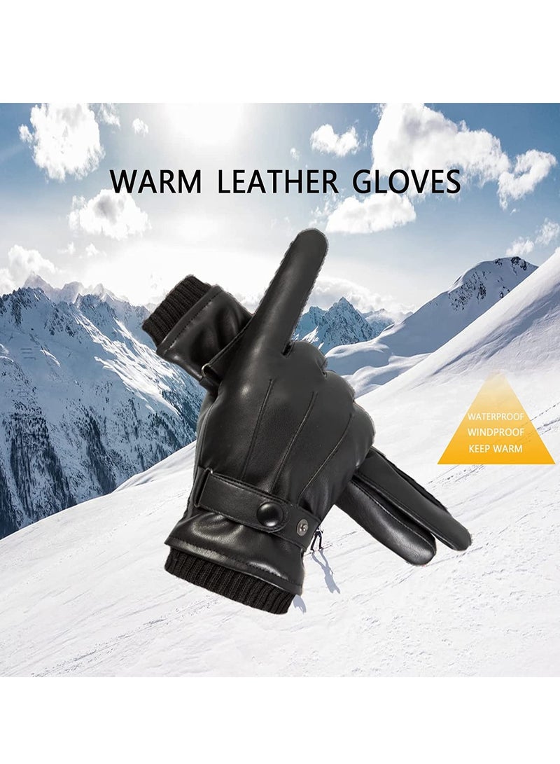 Excefore Men's Winter Warm Touchscreen Leather Gloves Adjustable Thermal Driving PU Leather Gloves - Image 4