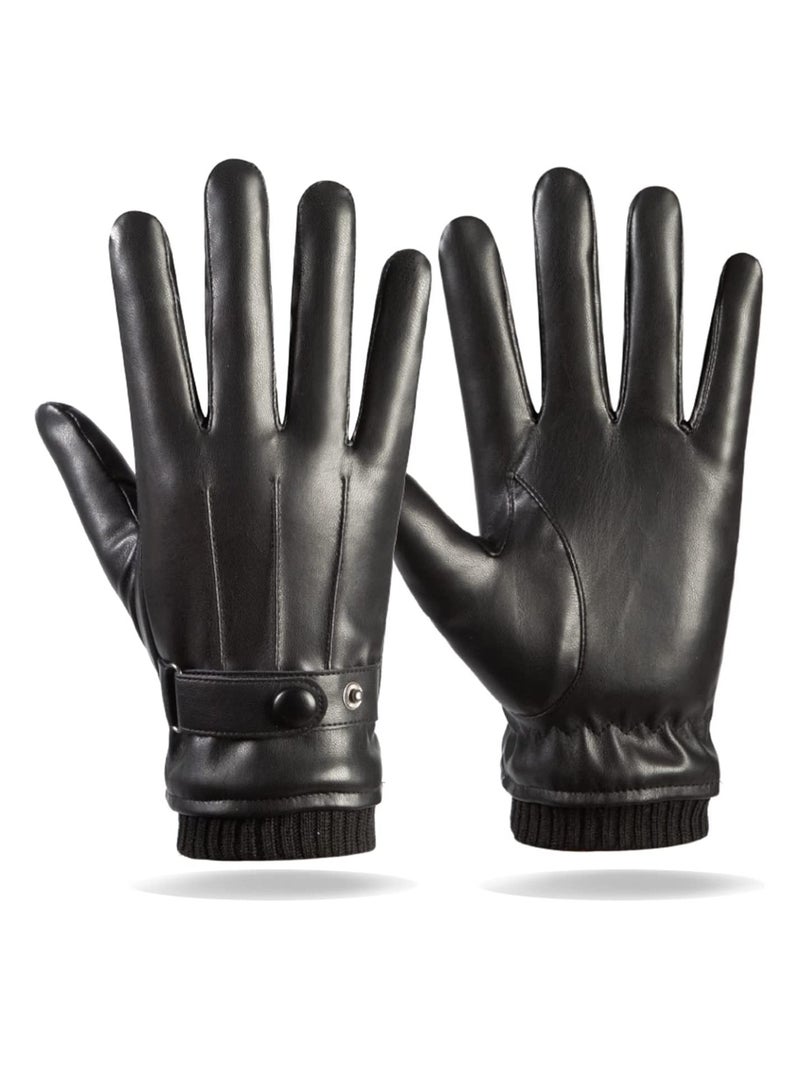 Excefore Men's Winter Warm Touchscreen Leather Gloves Adjustable Thermal Driving PU Leather Gloves - Image 1