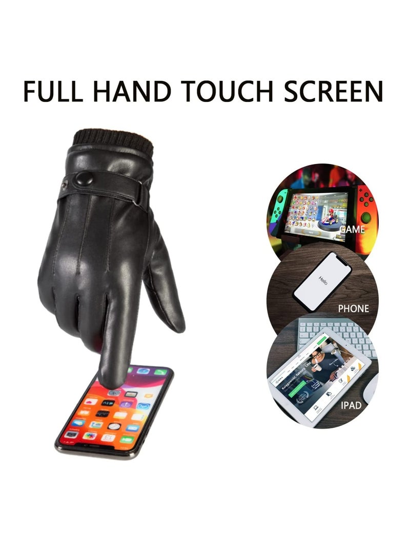 Excefore Men's Winter Warm Touchscreen Leather Gloves Adjustable Thermal Driving PU Leather Gloves - Image 2