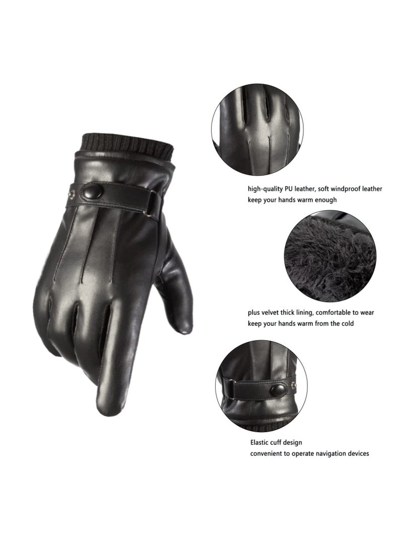 Excefore Men's Winter Warm Touchscreen Leather Gloves Adjustable Thermal Driving PU Leather Gloves - Image 3