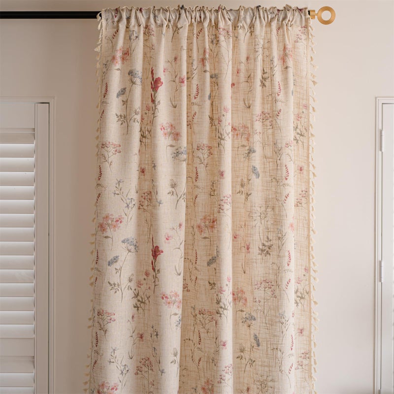 RoomTalks 63 Inches Boho Floral Curtains for Bedroom Dining Living Room Nursery Light Filtering, Country Modern Farmhouse Vintage Linen Window Curtain Panels Cute Aesthetic Bohemian Tassel Draperies - Image 4