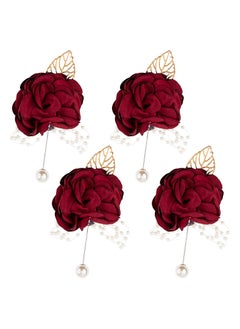 SYOSI 4 Pack Wine Red Rose Groom Flowers Boutonniere Pearl Groomsmen Brooch for Party Decoration Party Decoration  - Image 1