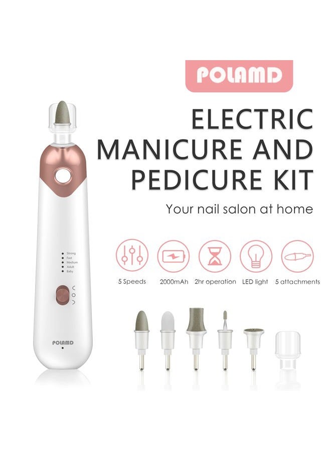 POLAMD Professional Manicure Pedicure Kit, Electric Nail File Set, Cordless Electric Nail Drill Machine, 5 Speeds Hand Foot Care Tool for Nail Grind Trim Polish(White) - Image 2