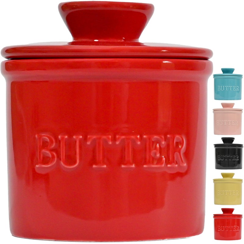 PriorityChef French Butter Crock with Lid Keep Butter Spreadable  Fresh Butter Keeper to Leave On Counter French Butter Dish Perfect for Bread and Toast Ideal Kitchen Gift Red