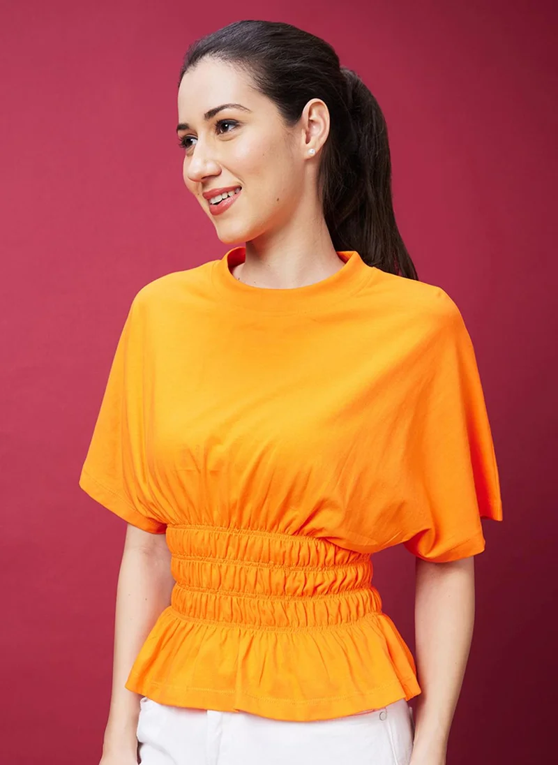 globus Globus Women Orange Flared Sleeves Smocked Cotton Cinched Waist Top