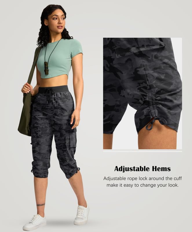 Pudolla Women's Cargo Capri Pants Lightweight Quick Dry Hiking Pants Summer Travel Casual Capris with 5 Pockets (Black Camo Large) - Image 1