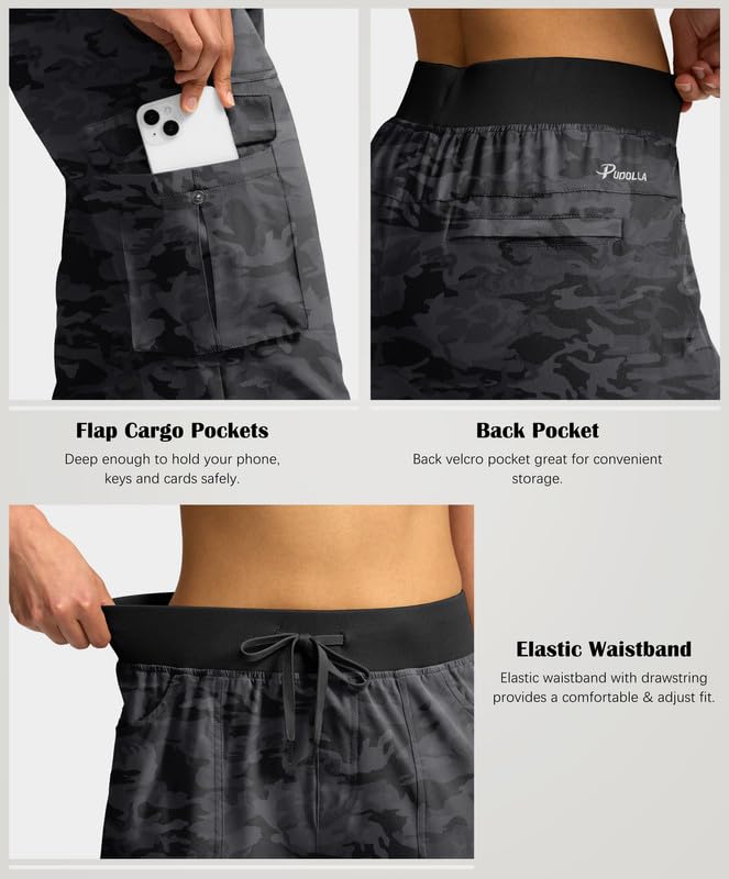Pudolla Women's Cargo Capri Pants Lightweight Quick Dry Hiking Pants Summer Travel Casual Capris with 5 Pockets (Black Camo Large) - Image 2