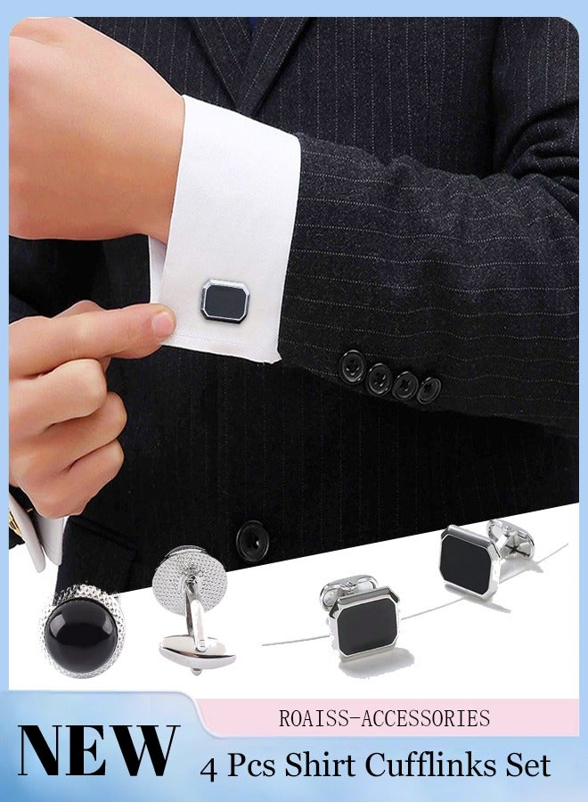 roaiss 4 Pcs Men's Stylish Shirt and Suit Cufflinks Decoration Set, 2 Pcs Square Black Cuff Links, 2  Pcs Fashionable Oval Cuff-Links, Suitable for Weddings, Birthdays, Business and Daily Wear - Image 1