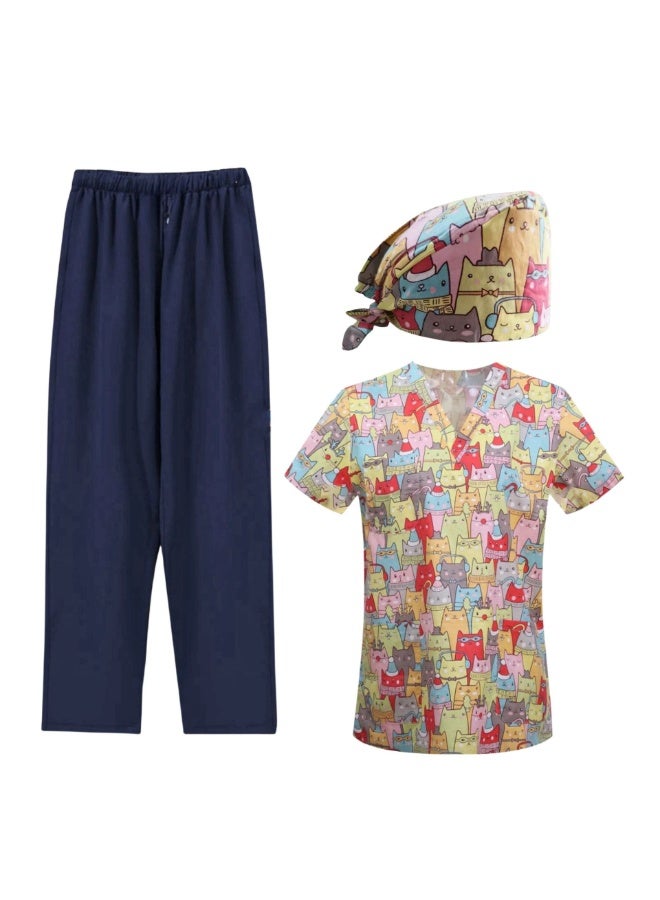 Loquat Womens Medical Scrubs Set Medical Uniform Set Red and Yellow Cat - Image 1