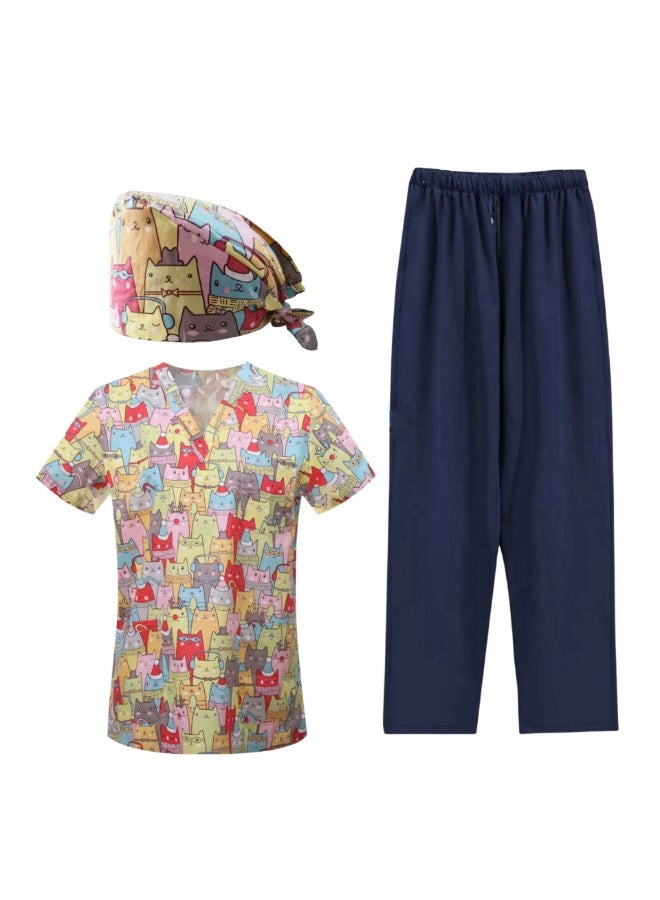 Loquat Womens Medical Scrubs Set Medical Uniform Set Red and Yellow Cat - Image 2