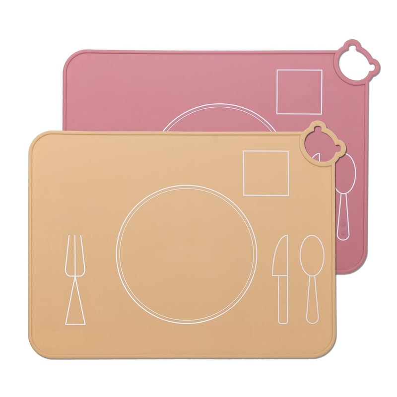 IYYI Silicone Baby Placemat Kids Placemats for Dining Table Montessori Place Mat Waterproof Table Mat for Toddler Set of 2 BeigePowder - Image 1